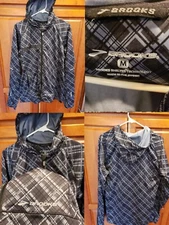 Brooks Shelter Technology Gray and Black Plaid Hooded Running Jacket Men's Med