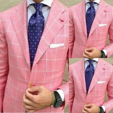 Pink Classic Check Men Suit Wedding Groomsman Blazer Jacket Coat Slim Fit Tuxedo