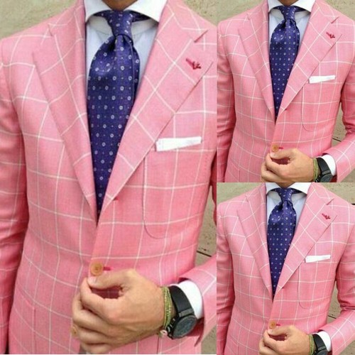 Pink Classic Check Men Suit Wedding Groomsman Blazer Jacket Coat Slim Fit Tuxedo - Picture 1 of 6