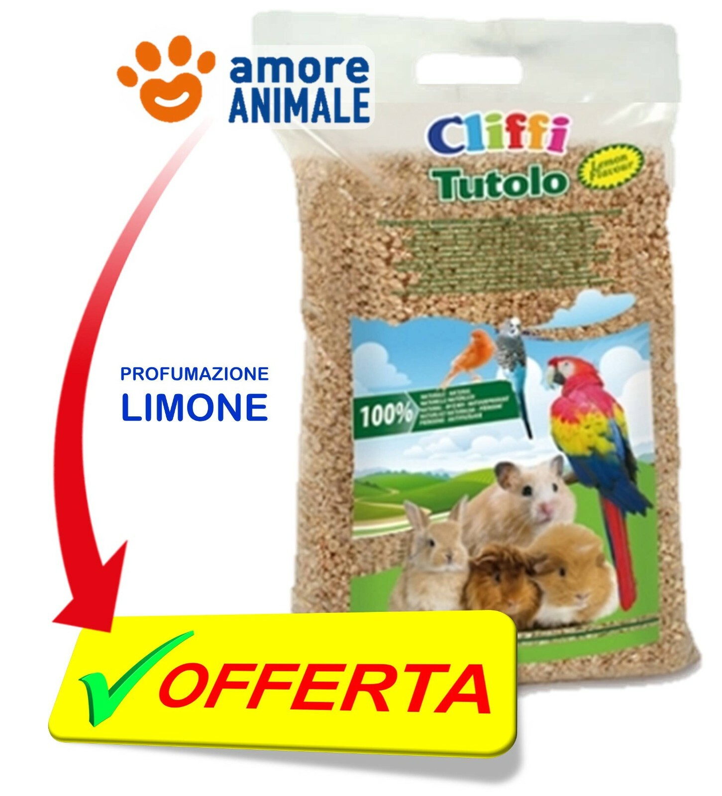 CLIFFI Lettiera di Tutolo mais al LIMONE  8 litri per uccelli roditori rettili