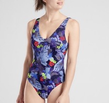 Athleta Twilight Tropic V-Neck One Piece Bathing Suit Swim Yacht Blue Small