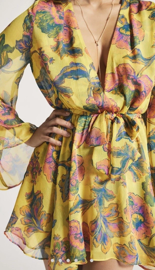 PALM ANGELS Abito Kaia Misa Los Angeles giallo gran canarino scollo a V floreale tropicale nuovo con etichette taglia S!