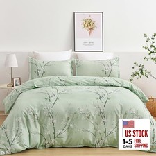 Floral Duvet Cover Set 3 Pieces Flower Plum Blossom Printed Queen Sage Green