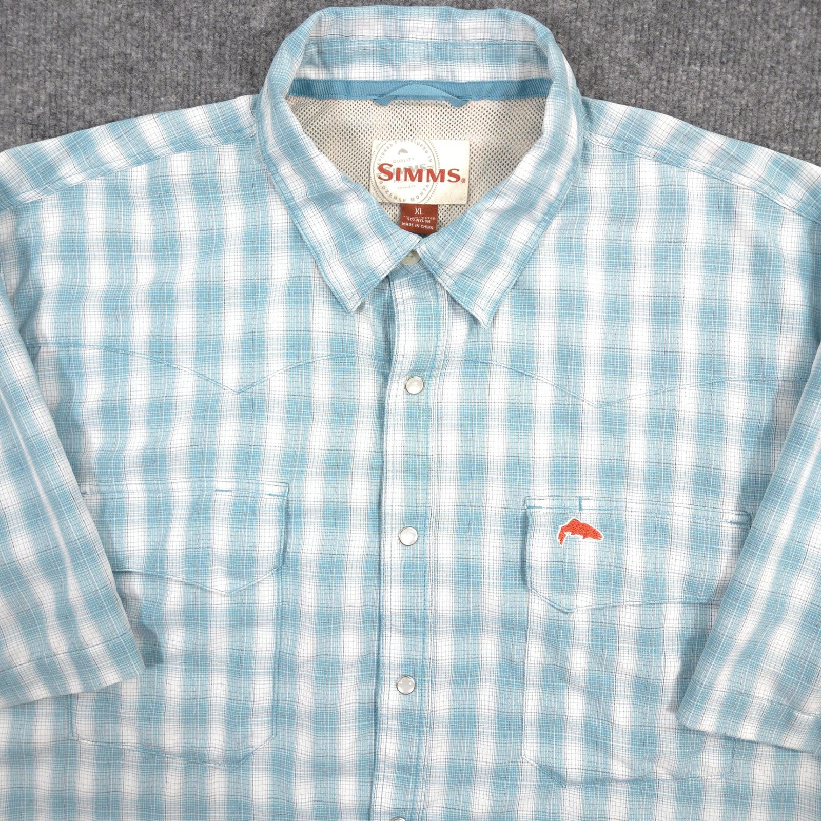 Simms Big Sky Shirt Mens XL Blue Plaid Performance Outdoor Western Pearl Snap