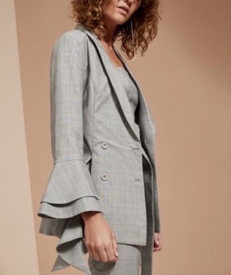 C/MEO COLLECTIVE Ruffled Bell Sleeve Plaid Double Breasted Blazer Gray Large L