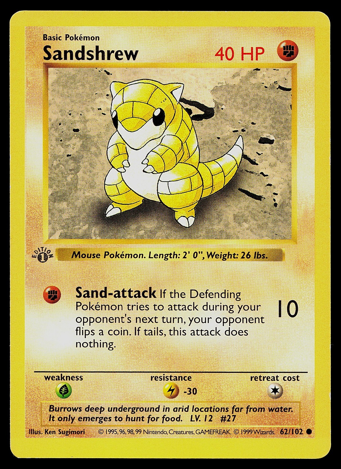 Pokemon Card - Sandshrew 1st Edition Base Set Shadowless 62/102