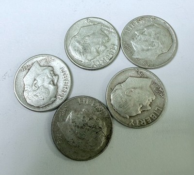 ROOSEVELT SILVER DIMES LOT OF 5 90% SILVER CIRCULATED COINS FREE SHIPPING #10105