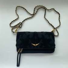 Zadig Voltaire Black Suede Western Embossed Gold Wing Chain Wallet Bag