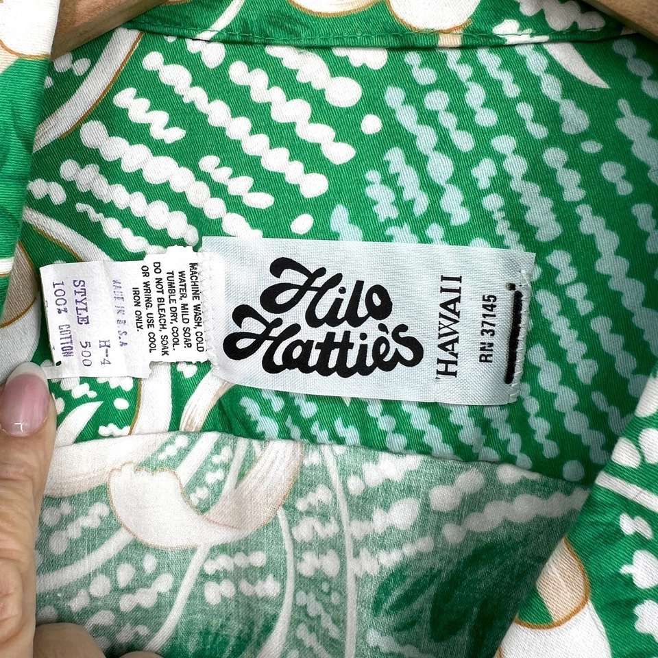 Vintage 70s Hilo Hattie's Made in USA Mens Green Floral Hawaiian Shirt Size L - Image 3 of 4
