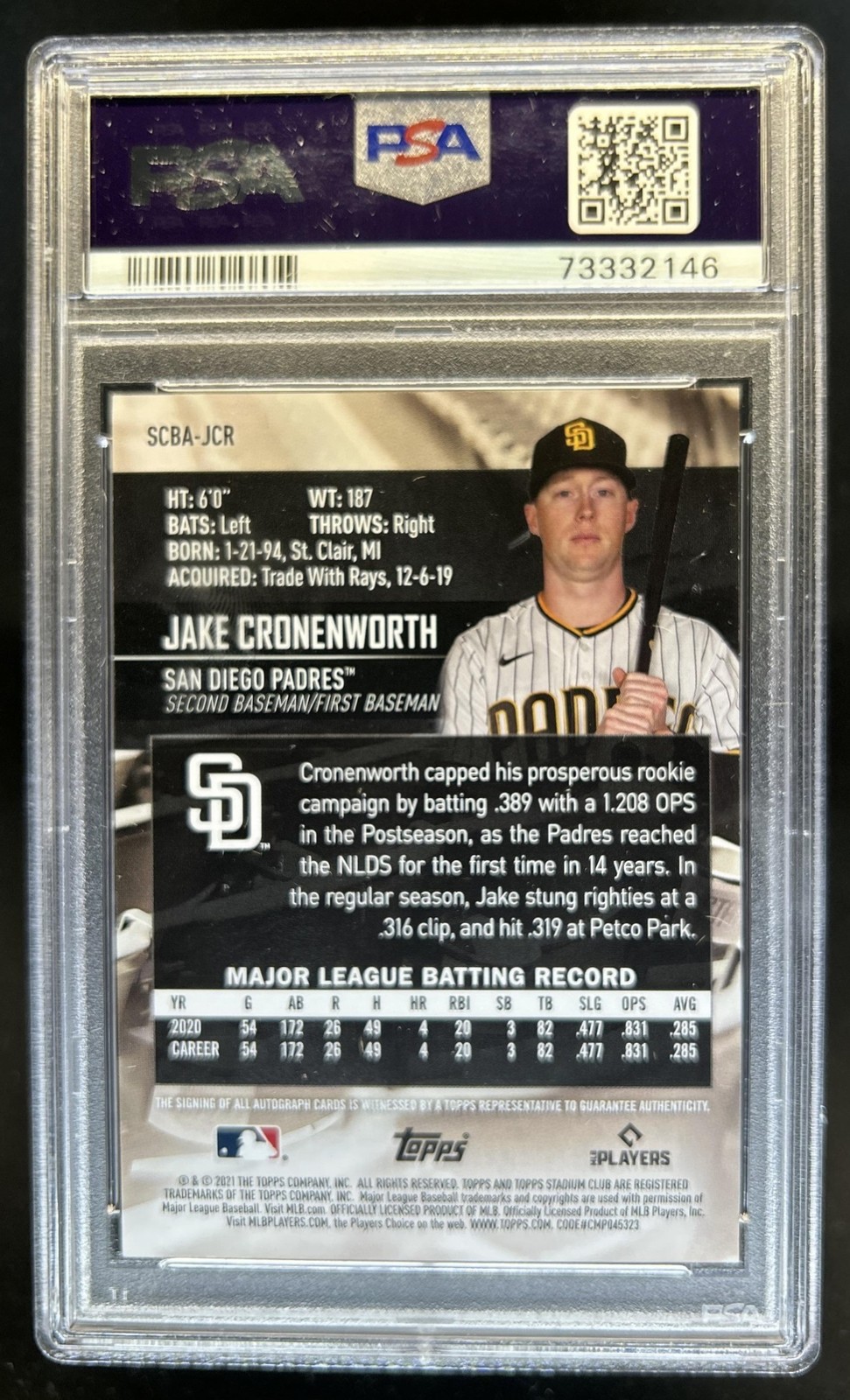 2021 Topps Stadium Club Jake Cronenworth Auto RC Rookie #SCBA-JCR Padres PSA 10 view 2