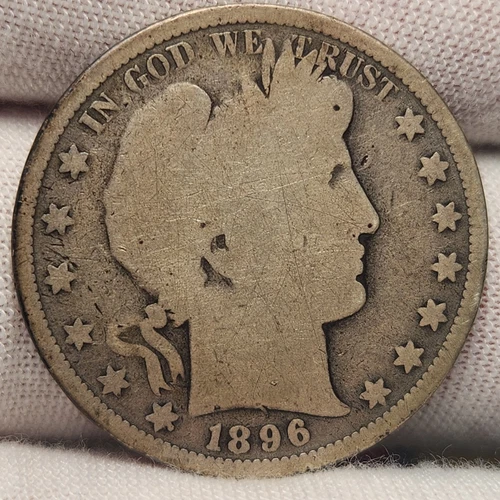 1896 P 50C Barber Silver Half Dollar - Early Date!  Good Condition - Barb-96P