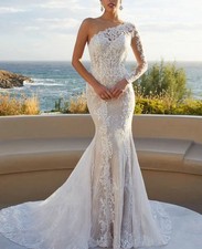 Asymmetrical Wedding Dress Bridal Gown Mermaid 32-60 One Sleeve Glitter Beaded