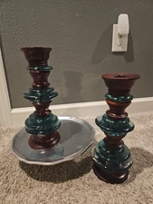 Pair of 12 Inches Vintage Wood and Green Glass Candle Holders