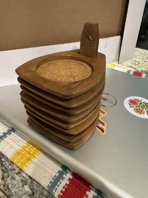 Vintage Woodcrest Japan Wood Cork Coaster Set Holder 7pc MCM Barware
