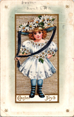 Vintage Postcard Easter Joys Girl with Daisy Bonnet Illustration