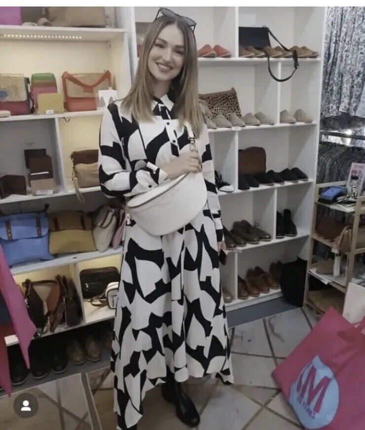 ZARA WOMAN XS,S LONG PRINT DRESS ASYMMETRIC HEM BLACK / WHITE