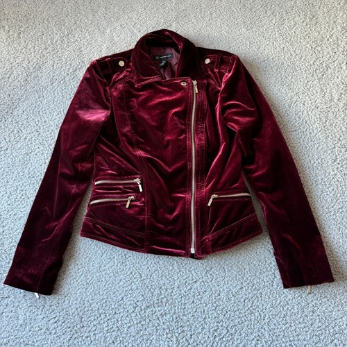 NEW INC International Concepts Jacket Womens Small Red Biker Velvet Zip Crop - Picture 2 of 13