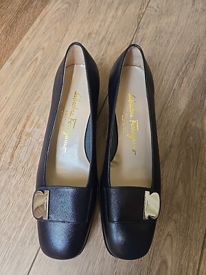 Salvatore Ferragamo Navy Blue Leather Buckle Gancini Pumps Heel Shoes