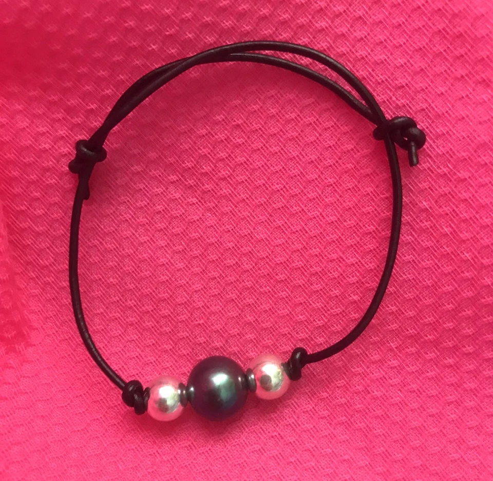 大溪地 10-11 毫米珍珠和 8 毫米纯银手链皮绳可调节手工制作 — 第 2/4 张图片