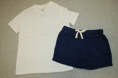 Girls Outfit WHITE V-NECK S/S T-SHIRT Navy Blue Woven Shorts, Pockets XS  4-5