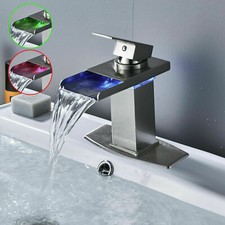 LED Waterfall Brushed Nickel Single Handle Bathroom Sink Faucet Basin Mixer Tap