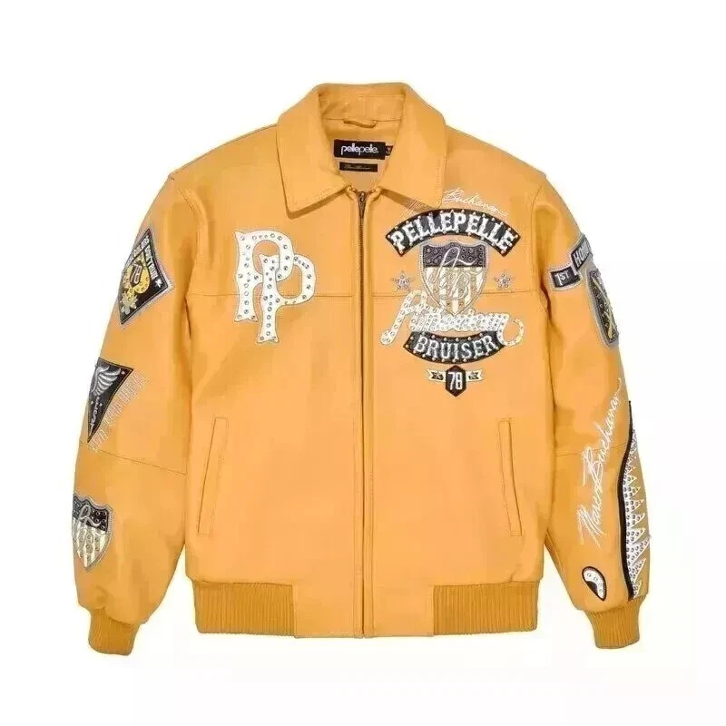 "Men's Genuine Leather Handmade Bomber Jacket - American Bruiser Plush Design"
