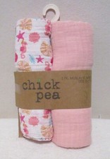 NWT Chick Pea Baby Girls 2-Pack Muslin Swaddle Blankets 36x40 Pink/Seaside 30