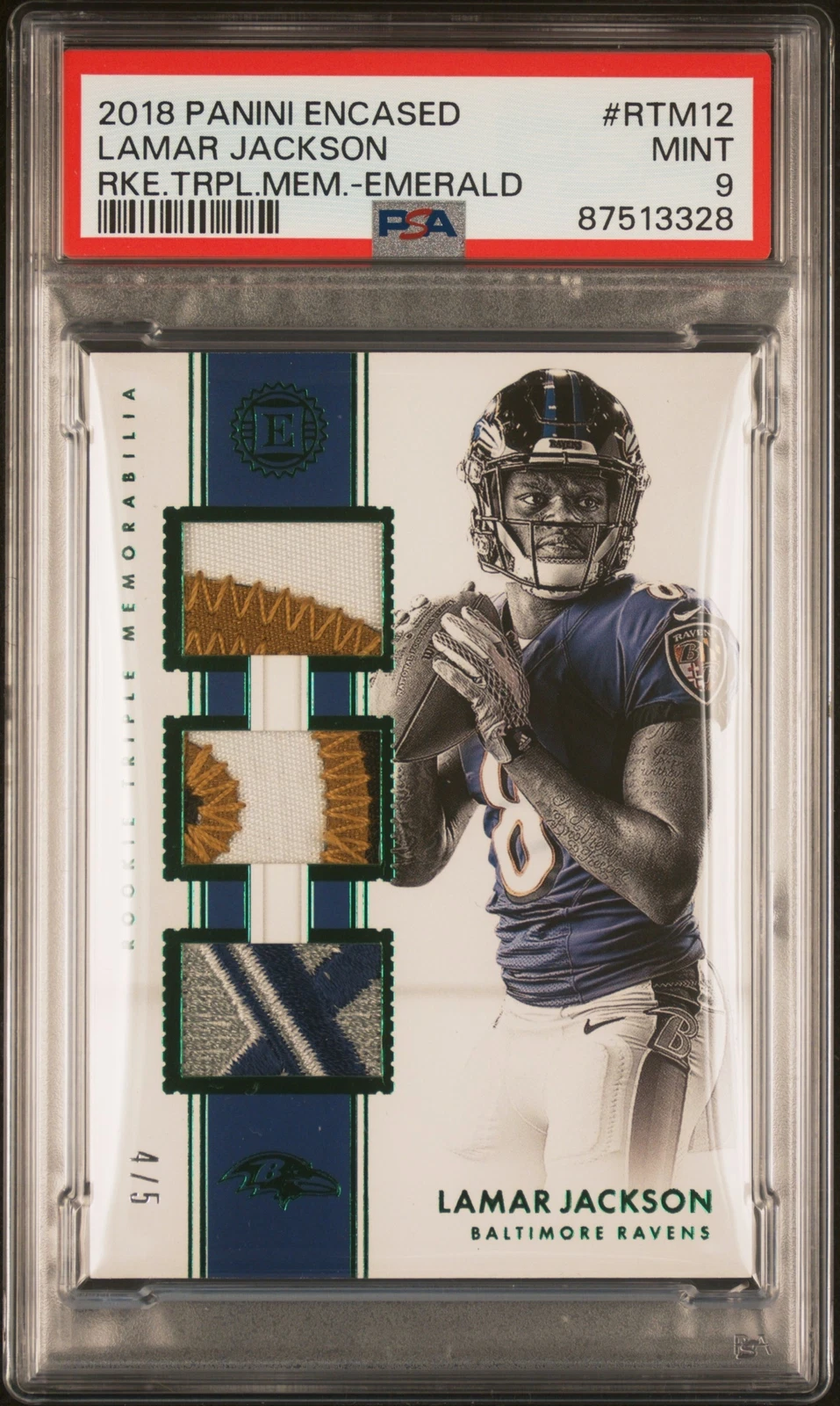 Lamar Jackson Panini Encased Rookie Triple Memorabilia #RTM12 Emerald