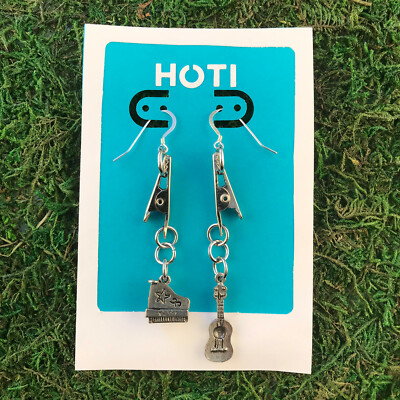 HOTI Hemp Handmade Grand Piano Bass Guitar Roach Clip It Earrings Metal 3D Charm