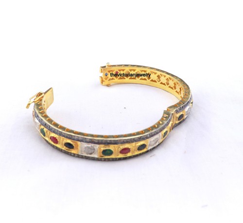 Polki Ruby Emerald Sapphire Pave Diamond 925 Sterling Silver Elegant Bangle Gift - Picture 7 of 11