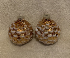2 Pc Golden Brown Pinecone w/White Glitter Glass Ball Ornaments - NEW