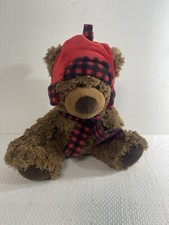 Aurora Teddy Bear Plush Brown Red Black Checked Hat Scarf Lumberjack 10  Sitting