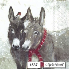 (1587) TWO Individual Paper LUNCHEON Decoupage Napkins DONKEYS WINTER SNOW BIRD
