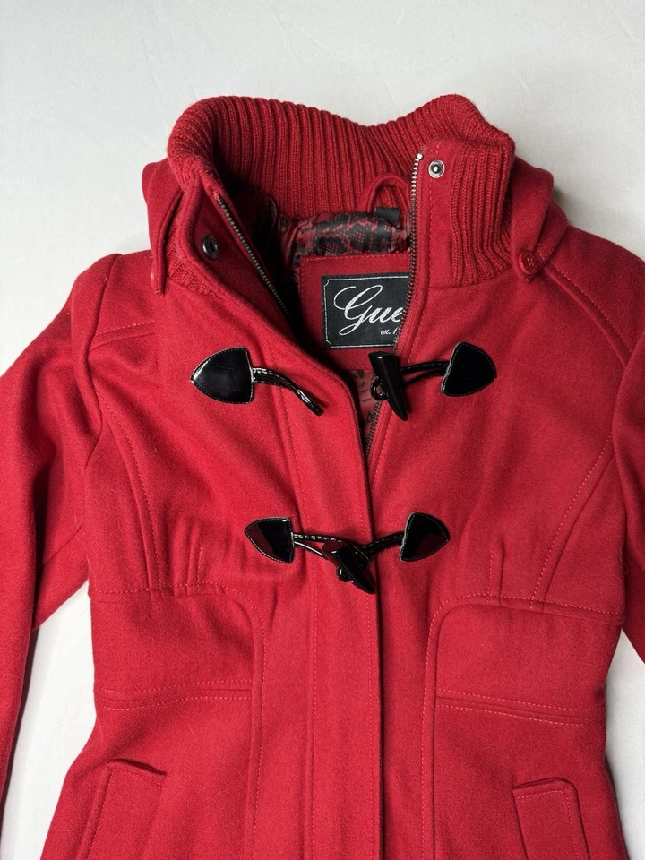 Guess Women’s XS Red Wool Blend Toggle Pea Coat Hooded Full Zip Lined Jacket - Image 2 of 4