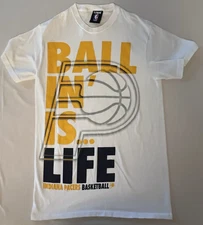 Adult Small NBA UNK Brand Ballin’ Is Life White T-Shirt Indiana Pacers Adult Sm