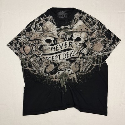 Y2K 2000s 1.0z Designs Black Cotton T-Shirt with Skulls, Men s Size 2XL