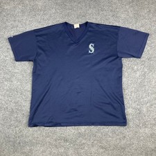 Majestic Mariners Shirt Mens XL Navy V-Neck MLB Jersey Tee Made in USA Baseball