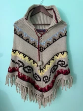 Vintage Hand Loomed Acrylic Poncho With Fringe & Embroidered Pattern Beige/Red/Y