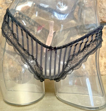 Victoria's Secret Sheer Stripe Lace Trim THONG Panty Sz M BLACK NWT