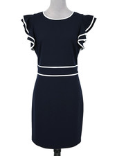 Joseph Ribkoff Dress Womens 8 Navy Blue White Trim Stretch Knit Ruffle Sleeves