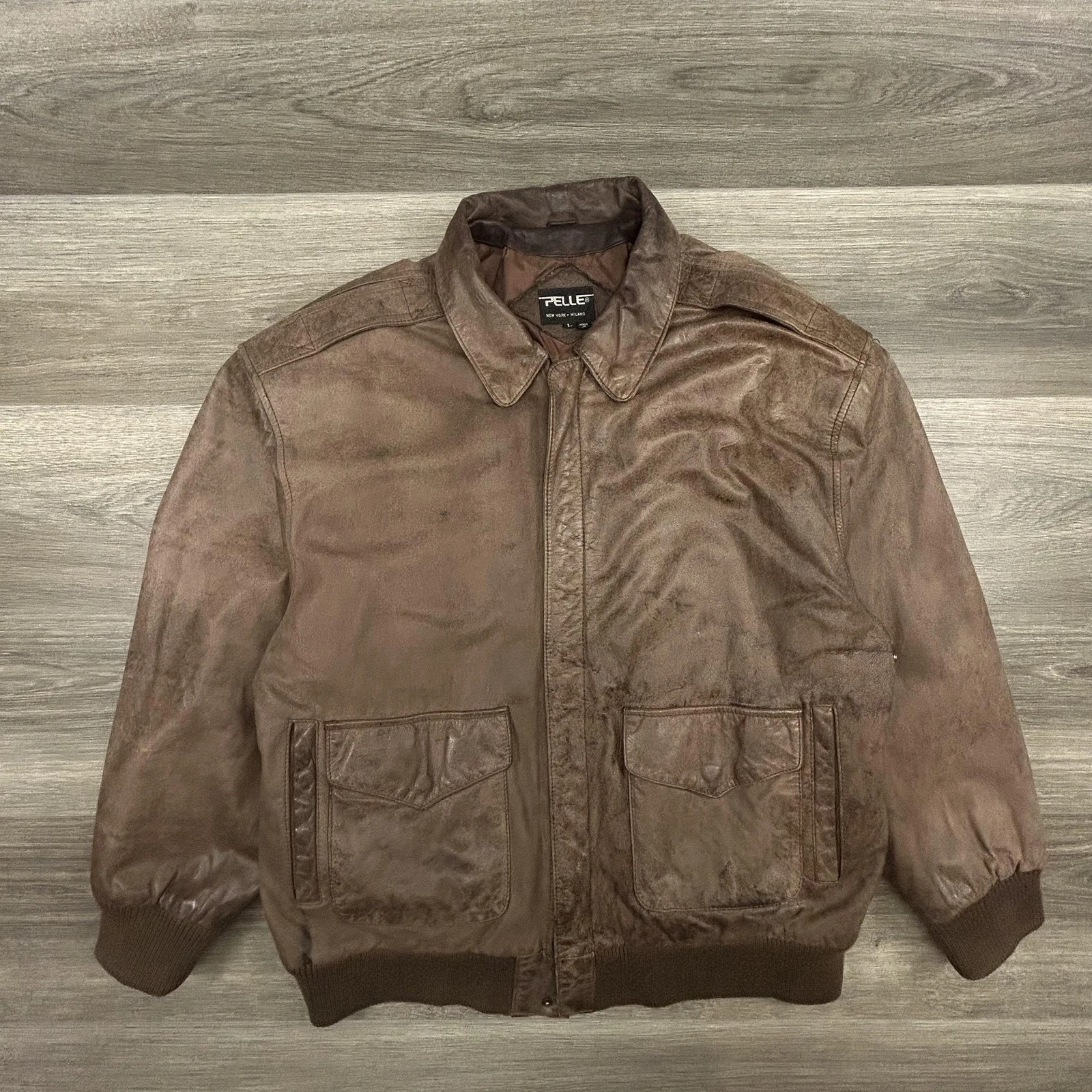 Vintage Pelle Leather Jacket Mens Large Brown Bomber Lined Pockets Insulated 90s