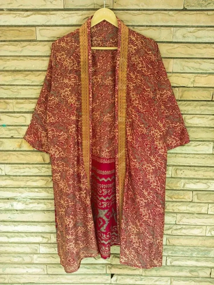 Midi Kimono Pure Silk Robe Knee Length Gown Silk Kimono Robe Rust Red MKMO1609 - Image 2 of 4