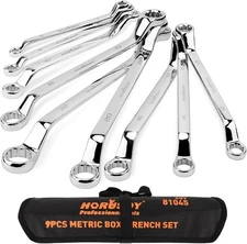 HORUSDY 9-Pieces Metric Offset Box Wrench Set with Rolling Pouch, 50-Degree, Met
