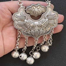 1Pc Collection Silver Carving Double Fish Lotus Hundred Blessing Lock Necklace