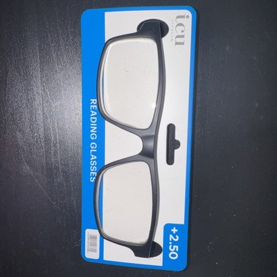 ICU Eyewear Reading Glasses Matte Black Square Frame +2.50 Magnification NWT