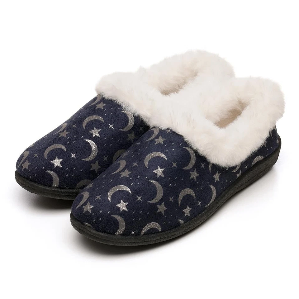 A2Z Damen Voll Hausschuhe Navy Mond & Sterne Print Warm Indoor Gummisohle Slipper