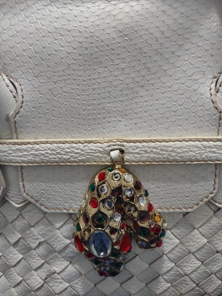 Sharif 1827 Studio White Leather Satchel Handbag Jeweled Croc Bag Charm Work~ - Image 2 of 4