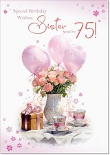 Doodlecards Sister 75th Birthday Card Age 75 Tea Party and Balloons