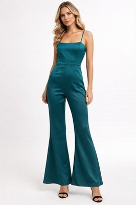 PrettyLittleThing Teal Satin Lace Up Back Jumpsuit Womens Formal FlareLeg 4 NWT