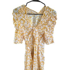 Yellow Floral Print Mini Dress Puff Sleeve Cutout Back Summer Sundress